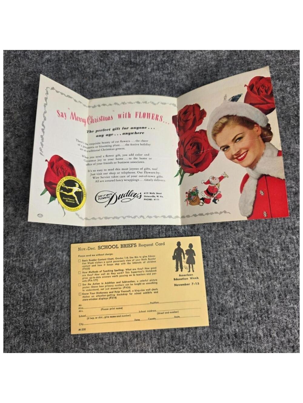 Vtg Christmas Dudleys Flowers Advertising Brochure & School Briefs Request Card